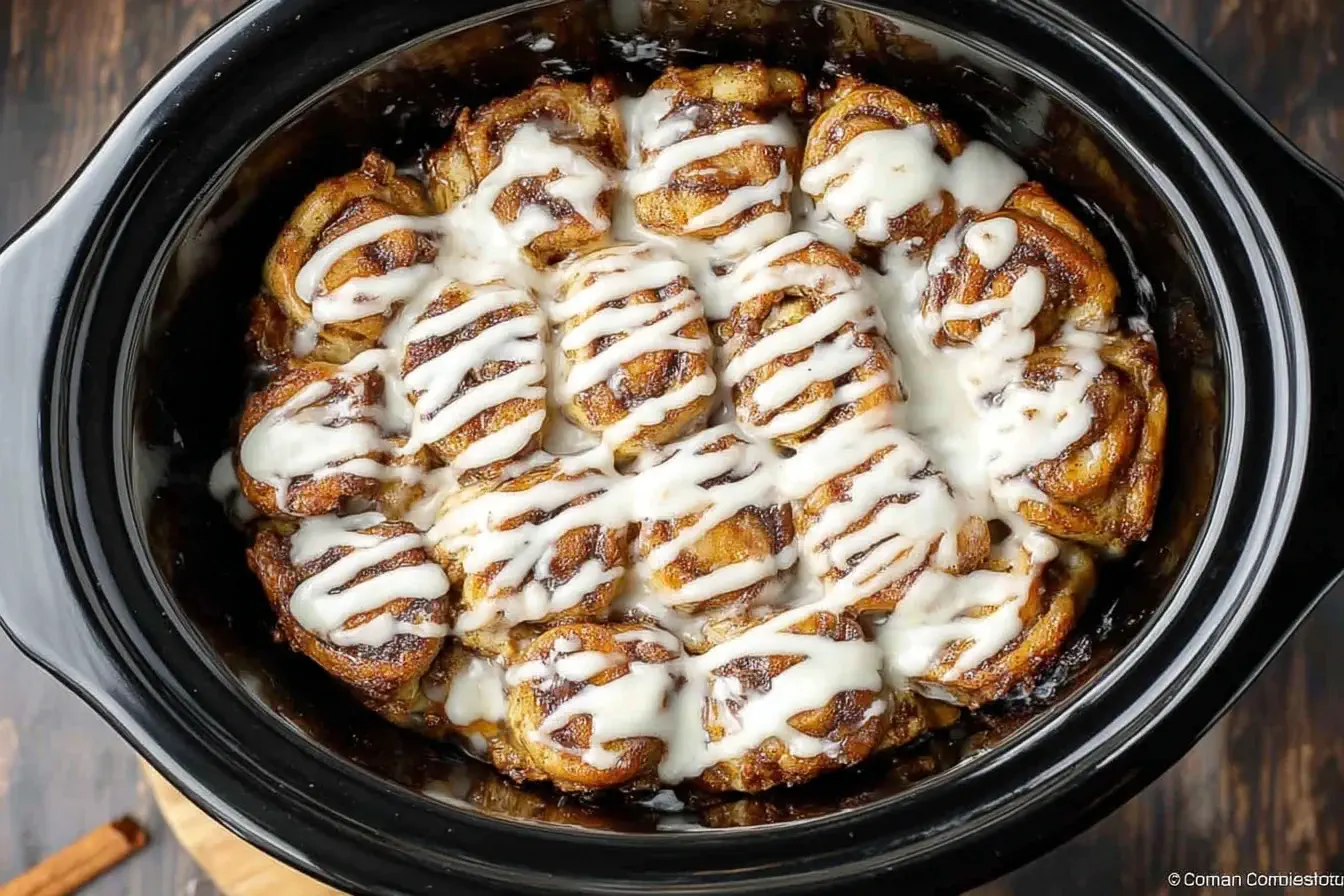 Crock Pot Cinnamon Roll Casserole baked in a slow cooker with icing drizzle on top