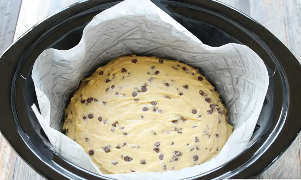 Crockpot Banana Bread batter with chocolate chips in a parchment-lined slow cooker