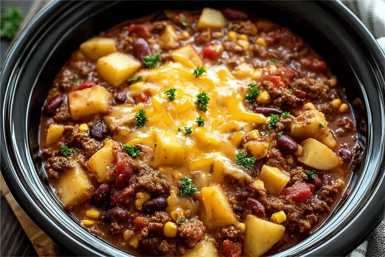 Slow Cooker Cowboy Casserole with ground beef, potatoes, beans, and melted cheese in a black crockpot.