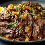 Tender caramelized pulled beef brisket with onions and herbs on a serving plate, ready to enjoy.