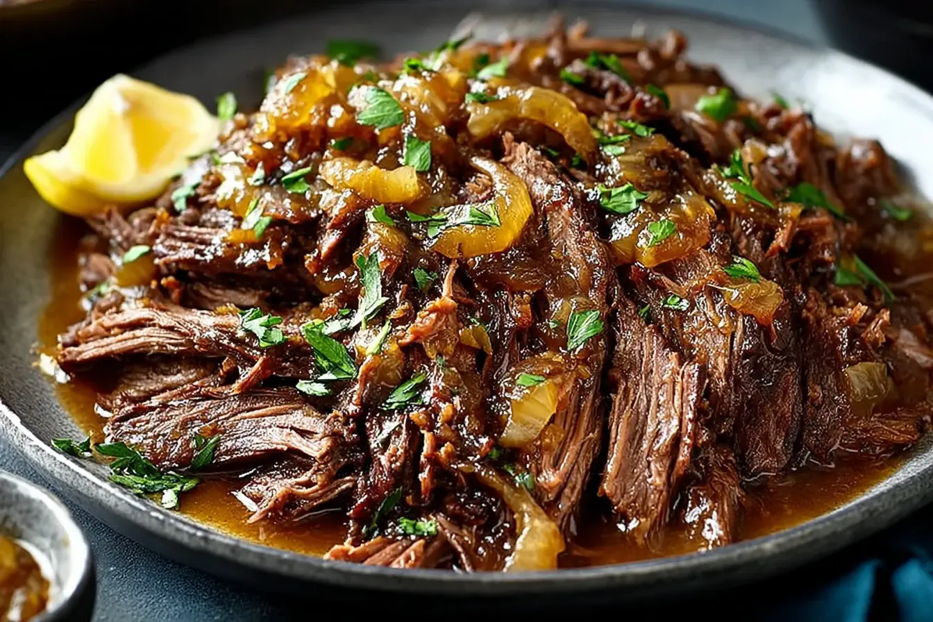 Tender caramelized pulled beef brisket with onions and herbs on a serving plate, ready to enjoy.