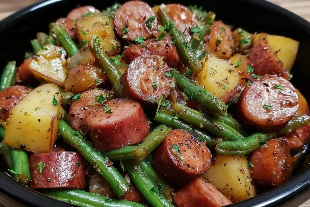 Crockpot Kielbasa and Green Beans with baby potatoes in a savory broth, served in a black bowl.