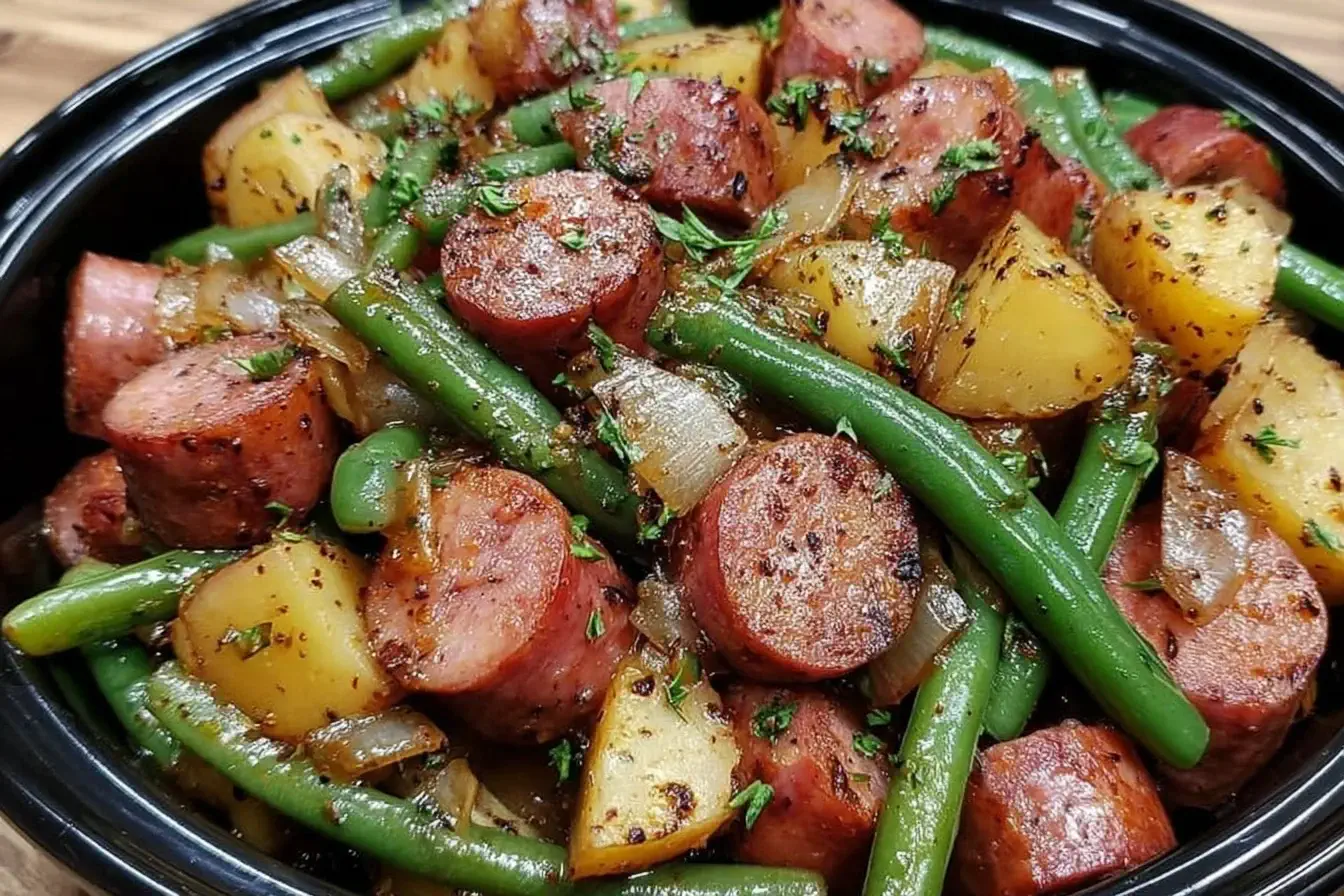 Crockpot Kielbasa and Green Beans with potatoes and onions, seasoned and served in a black dish.