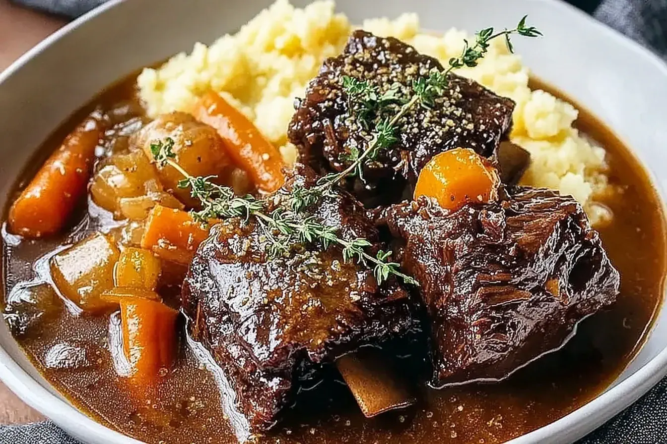 Tender Crockpot Beef Short Ribs served with carrots, onions, and mashed potatoes in a rich savory sauce.
