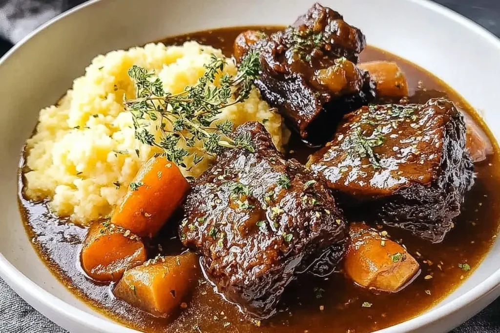Crockpot Beef Short Ribs served with carrots and mashed potatoes in a rich brown gravy.