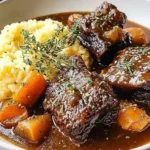 Crockpot Beef Short Ribs served with carrots and mashed potatoes in a rich brown gravy.