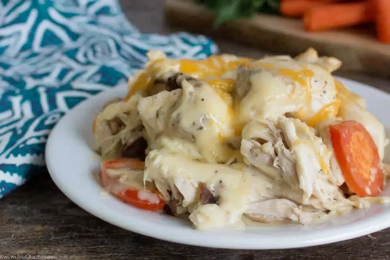 Crock Pot Pepper Jack Chicken with melted cheese, shredded chicken, mushrooms, and carrots on a white plate.