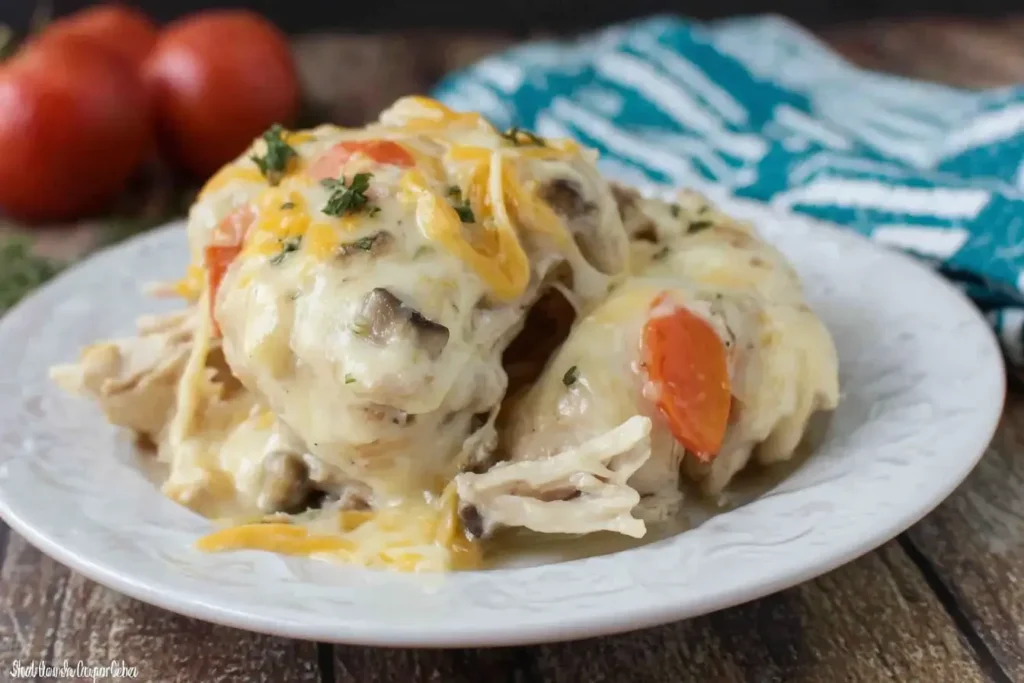 Crock Pot Pepper Jack Chicken topped with melted cheese, mushrooms, and carrots on a white plate.