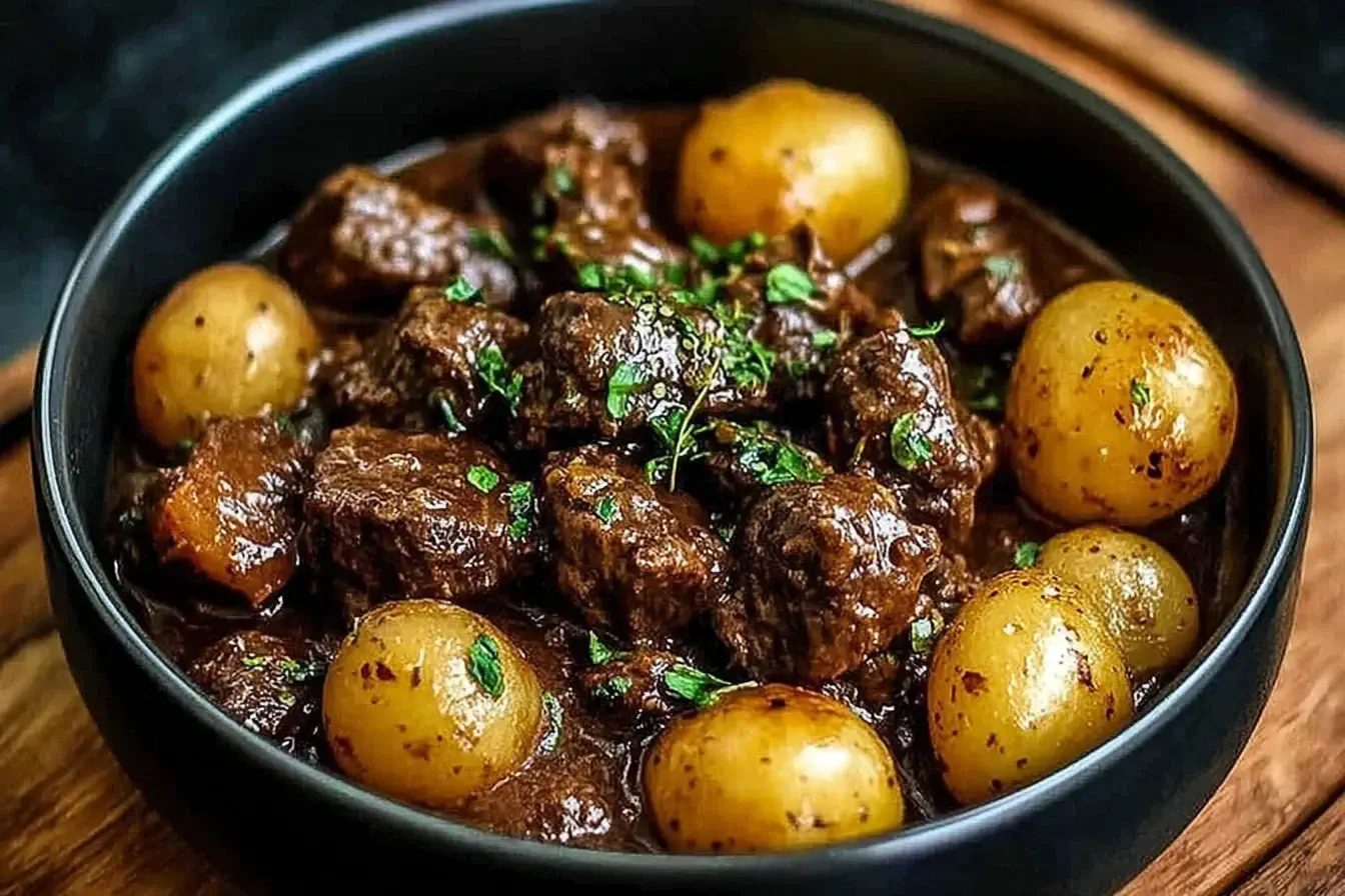 Slow Cooker Garlic Butter Beef Bites and Potatoes in a rich, savory sauce with tender baby potatoes, garnished with fresh herbs.