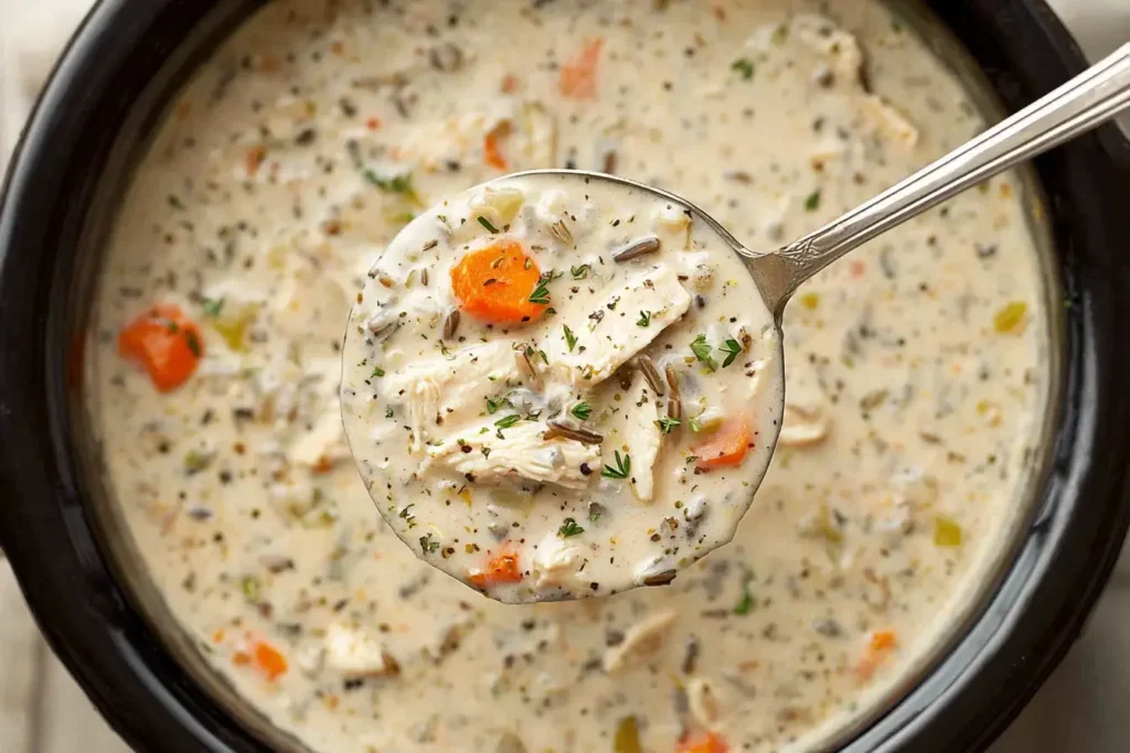Ladle of Creamy Crockpot Chicken Wild Rice Soup with chunks of chicken, carrots, celery, and wild rice in a creamy broth.