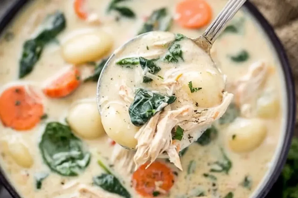 A spoonful of Creamy Crockpot Chicken Gnocchi Soup with shredded chicken, gnocchi, spinach, and carrots.
