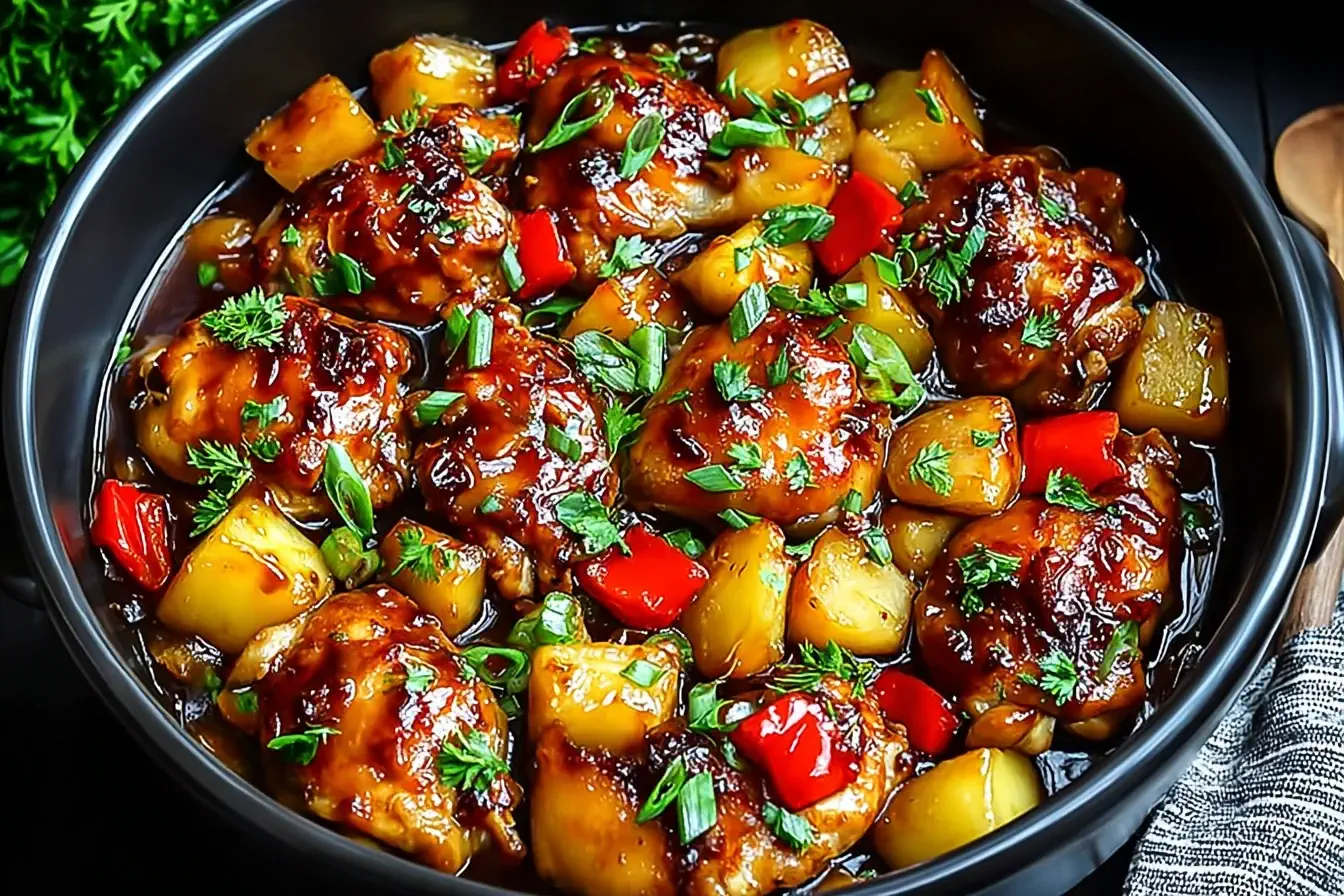 Hawaiian Crockpot Chicken with pineapple chunks, bell peppers, and savory sauce garnished with herbs in a black serving bowl.