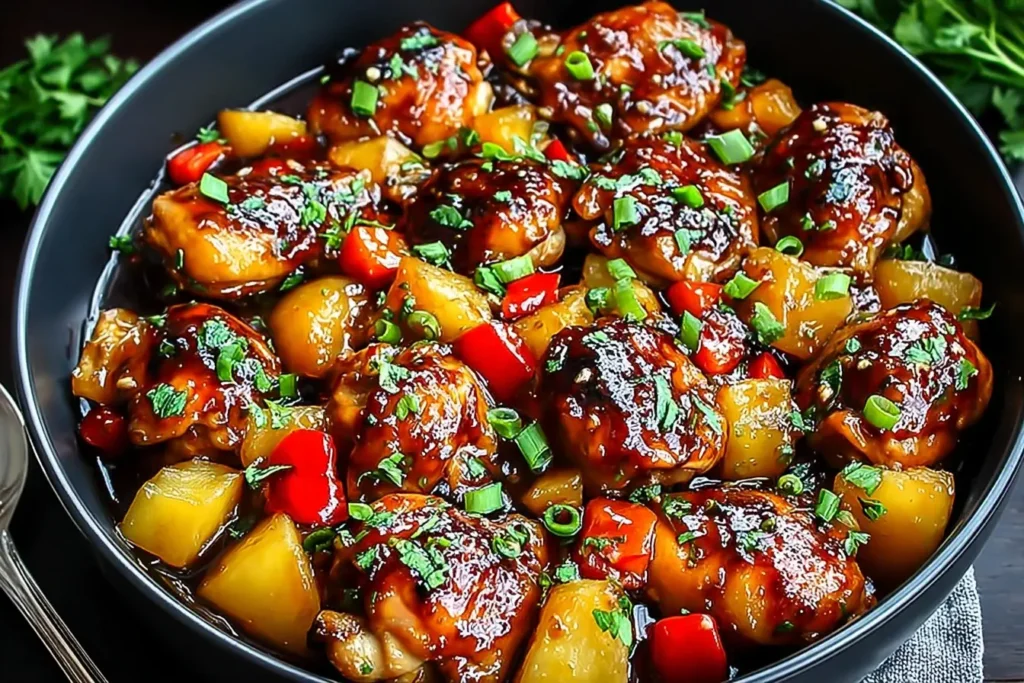 Hawaiian Crockpot Chicken in a black bowl, featuring glazed chicken pieces, pineapple chunks, red peppers, and fresh green herbs