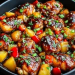 Hawaiian Crockpot Chicken in a black bowl, featuring glazed chicken pieces, pineapple chunks, red peppers, and fresh green herbs