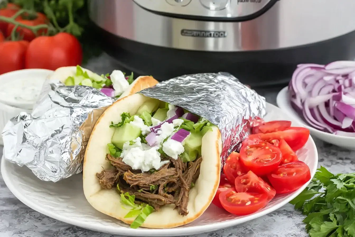 Slow Cooker Beef Gyros wrapped in foil with shredded beef, fresh cucumber, tomato, red onion, lettuce, and tzatziki sauce on a plate.