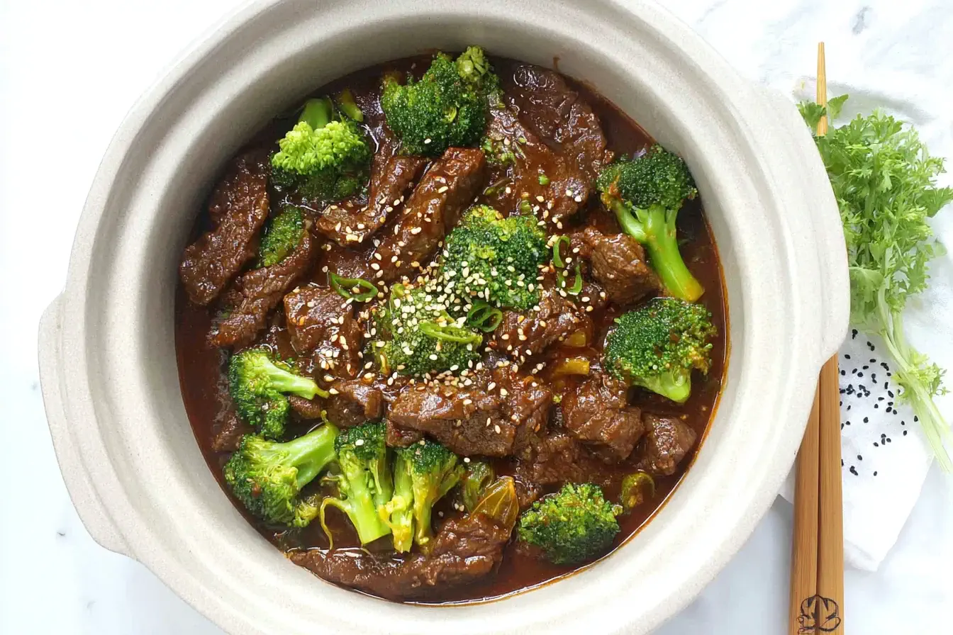 Crockpot Beef and Broccoli in a white bowl with tender beef, vibrant broccoli, and sesame seeds on top.