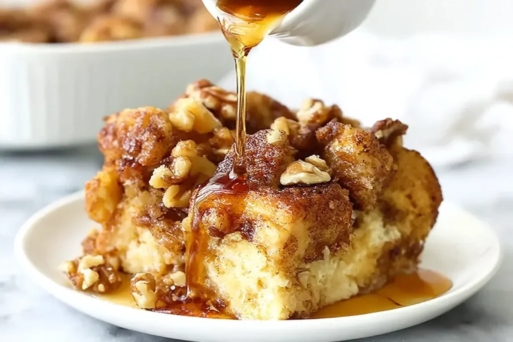 A slice of Slow Cooker French Toast Casserole topped with chopped walnuts and drizzled with maple syrup.