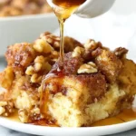 A slice of Slow Cooker French Toast Casserole topped with chopped walnuts and drizzled with maple syrup.