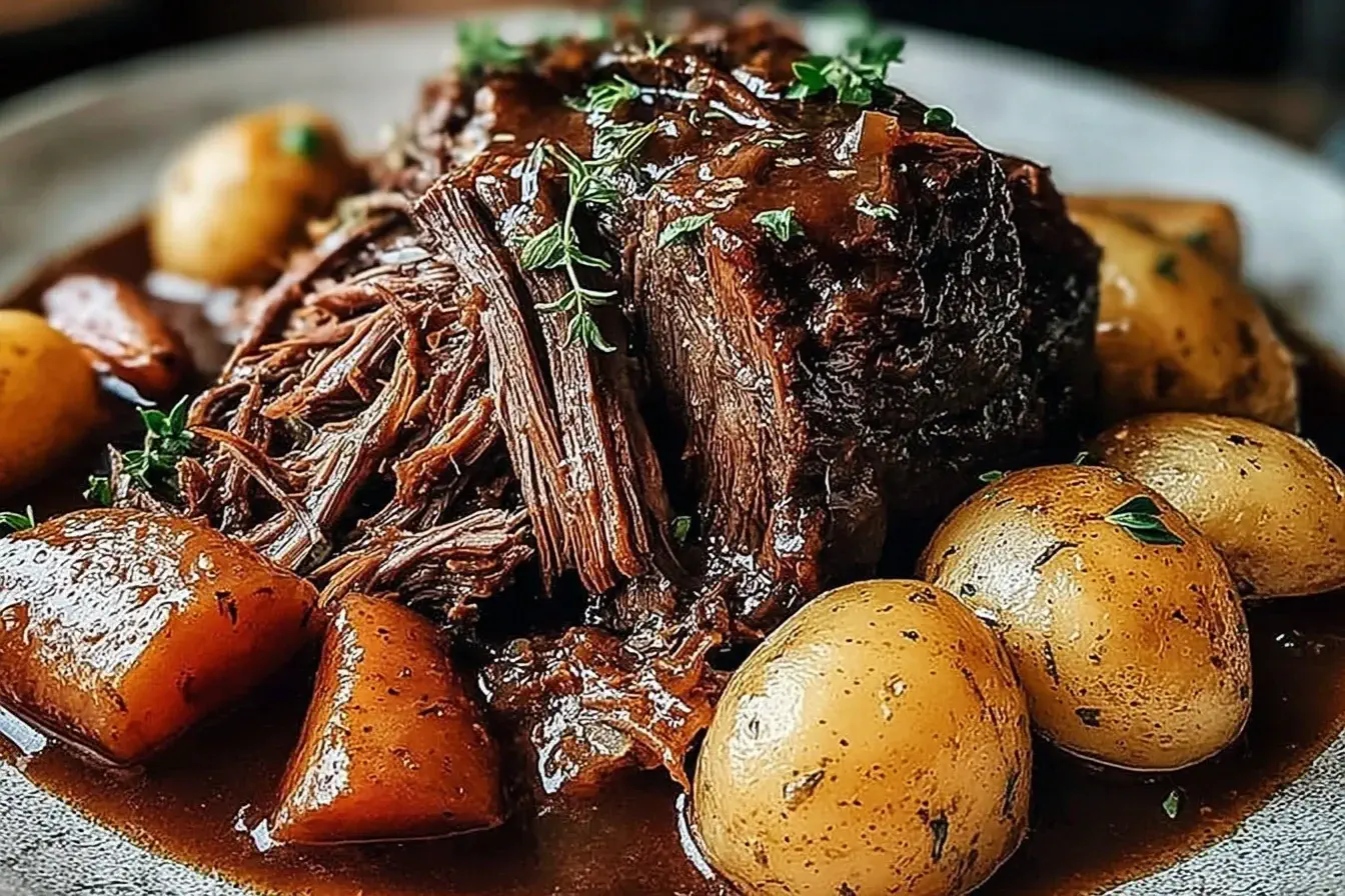 Tender pot roast crock pot with carrots and potatoes in rich gravy, garnished with fresh herbs.