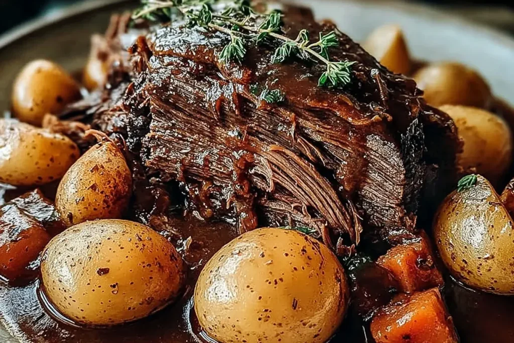 Juicy pot roast crock pot with tender beef, potatoes, and carrots in rich gravy, garnished with fresh thyme.