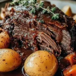 Juicy pot roast crock pot with tender beef, potatoes, and carrots in rich gravy, garnished with fresh thyme.