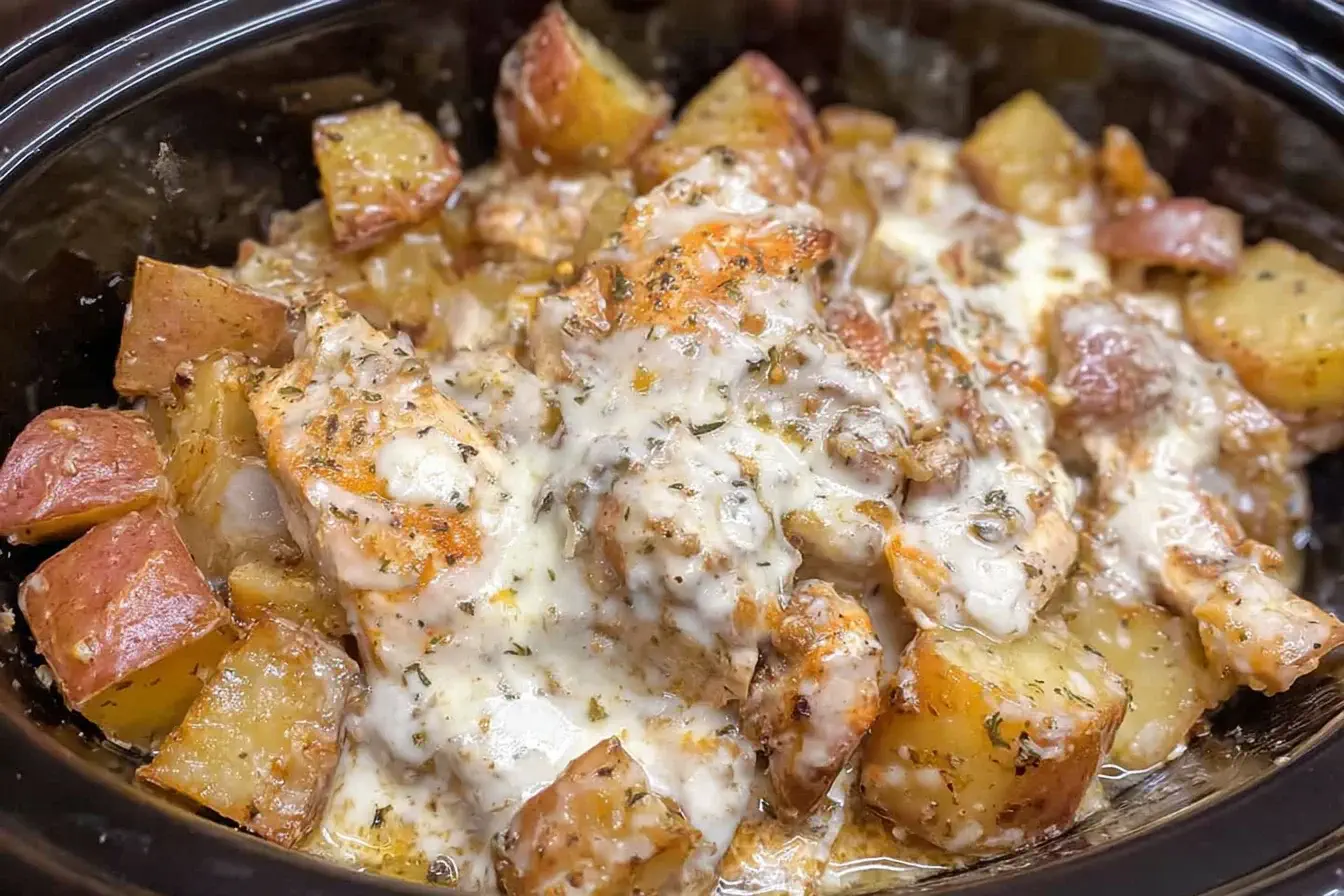 Slow Cooker Parmesan Garlic Chicken and Potatoes with melted cheese and herbs in a crockpot