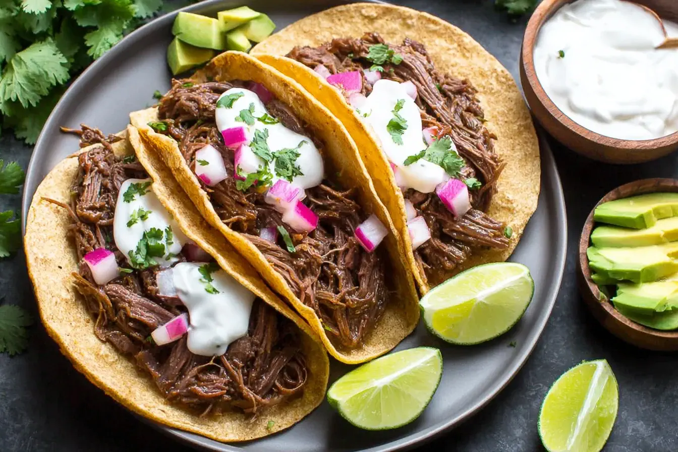 Juicy chuck roast tacos with shredded beef, sour cream, onions, and lime wedges on a plate.