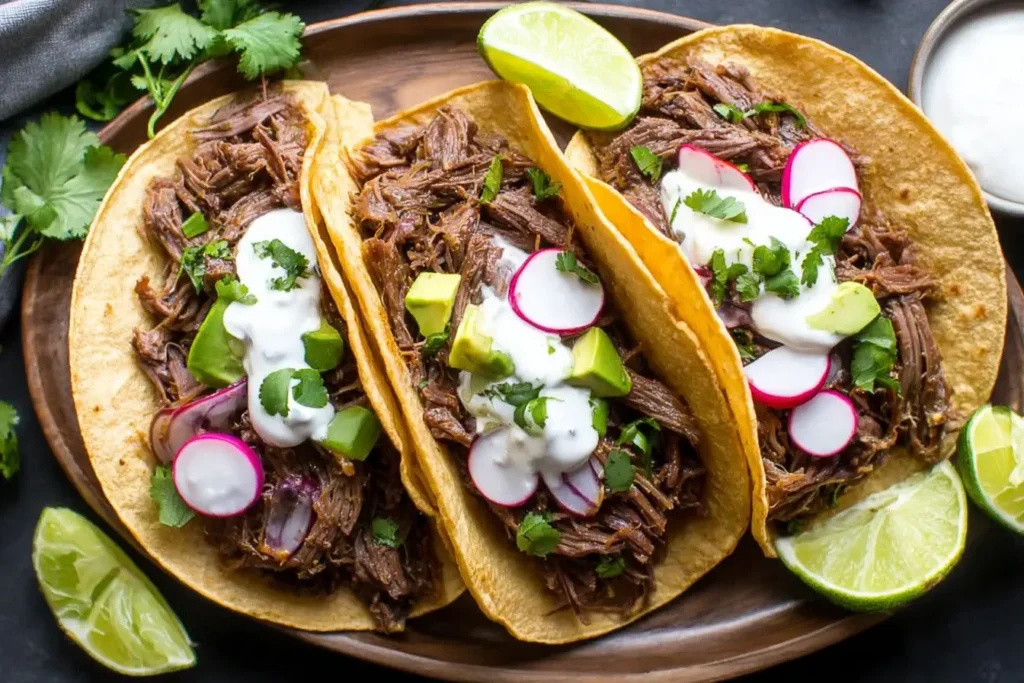 Three chuck roast tacos with shredded beef, avocado, radish slices, sour cream, and lime wedges on a wooden plate.