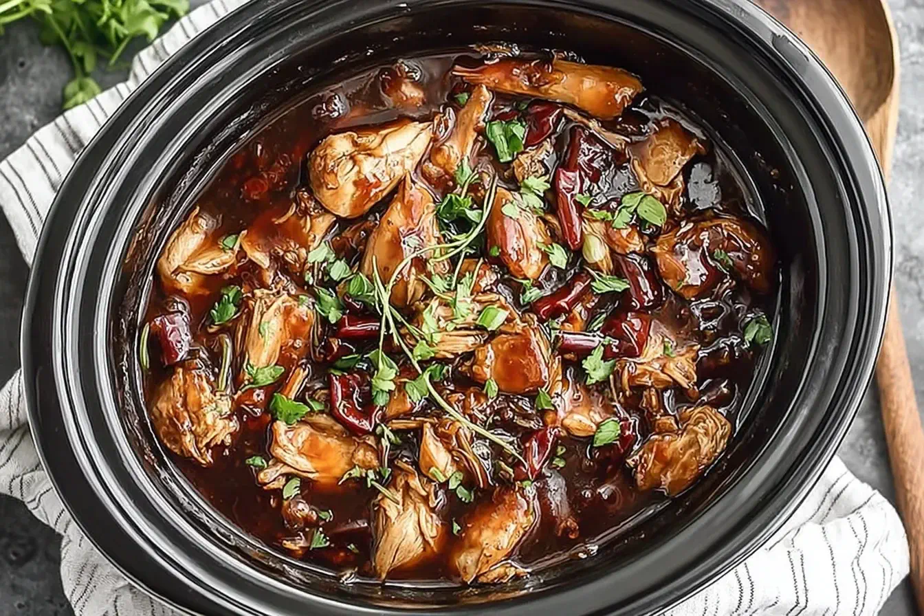 Crock Pot Bourbon Chicken simmering in a rich, glossy sauce with fresh herbs on top.
