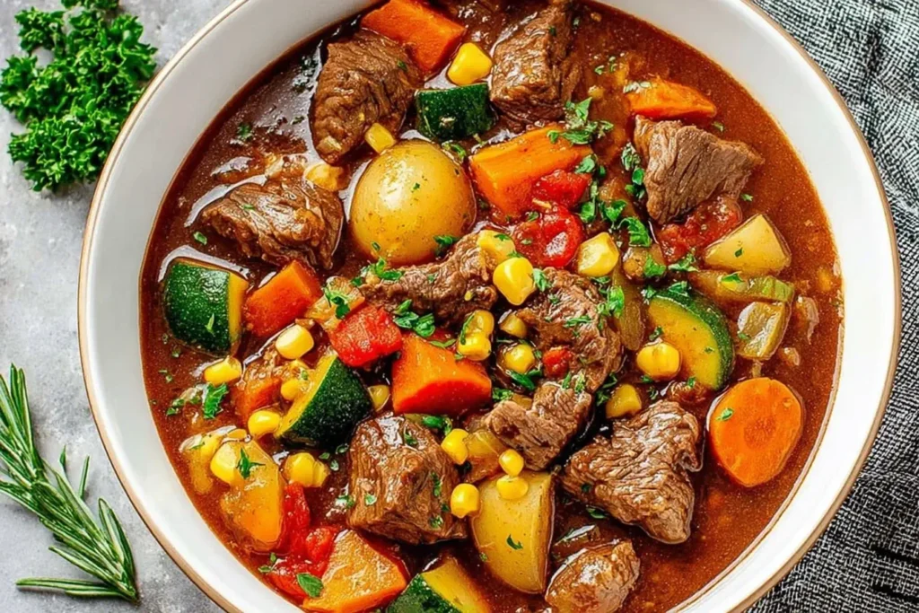 Crockpot Summer Beef Stew with tender beef, carrots, zucchini, corn, and potatoes in a rich broth.
