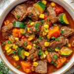 Crockpot Summer Beef Stew with tender beef, zucchini, corn, carrots, and tomatoes in a rich savory broth.