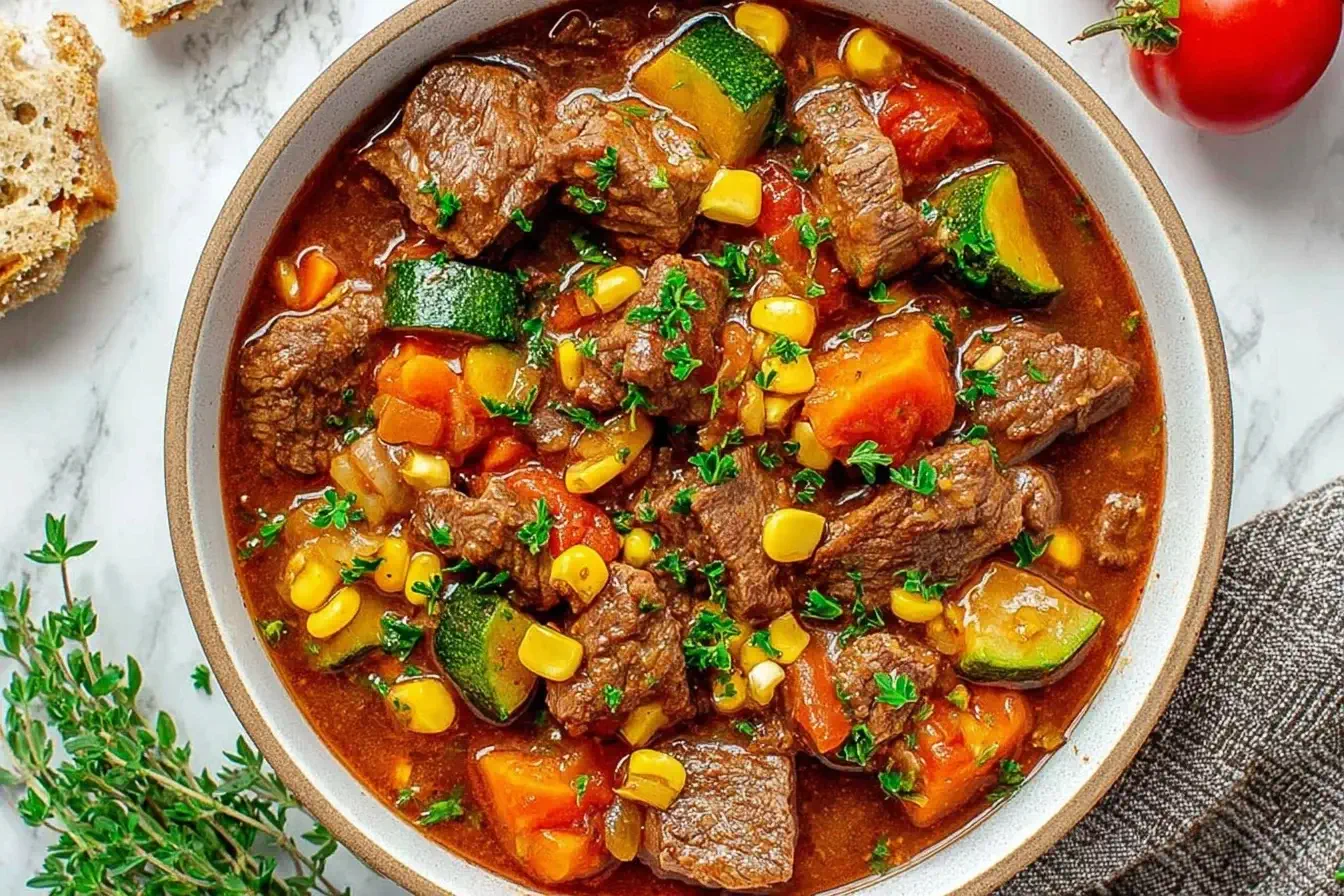Crockpot Summer Beef Stew with tender beef, zucchini, corn, carrots, and tomatoes in a rich savory broth.