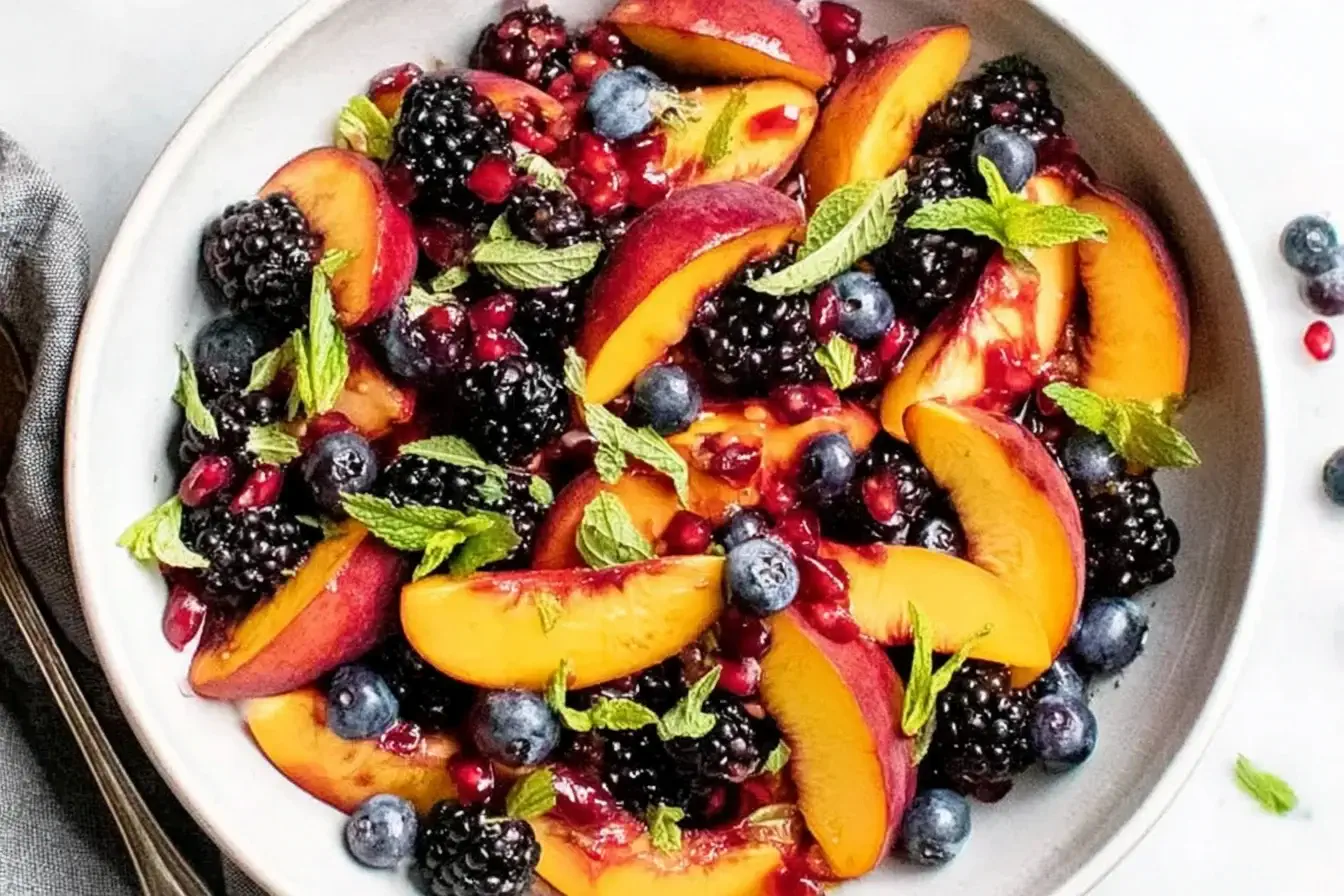 Fresh Summer Peach Fruit Salad with blackberries, blueberries, pomegranate seeds, and mint in a white bowl.