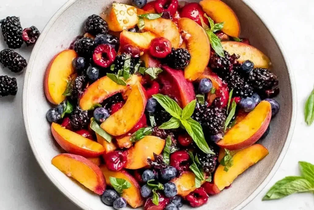 Fresh Summer Peach Fruit Salad with peaches, cherries, blackberries, blueberries, and basil in a white bowl.