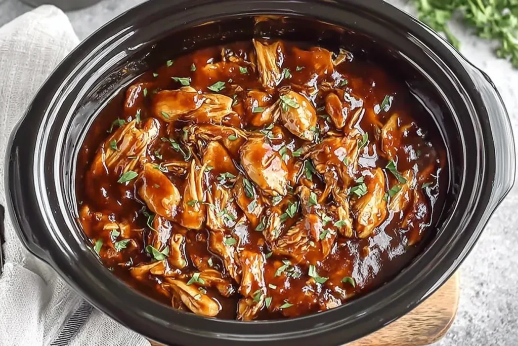 Crock Pot Bourbon Chicken in a rich, savory bourbon glaze topped with herbs.