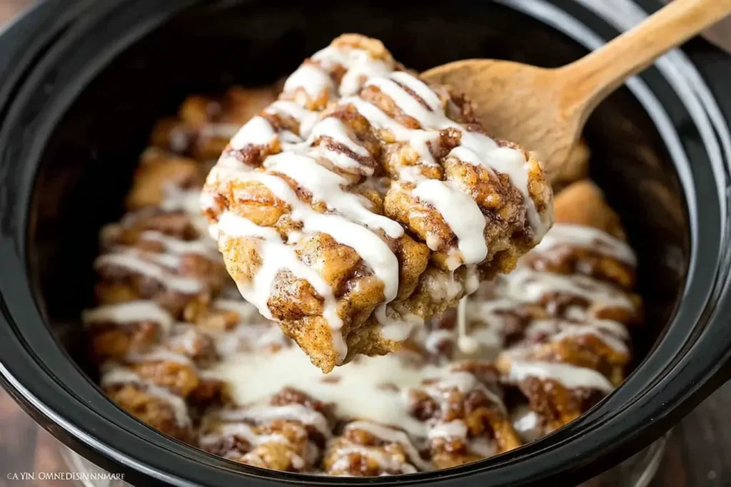 Close-up of Crock Pot Cinnamon Roll Casserole with icing being served from a slow cooker