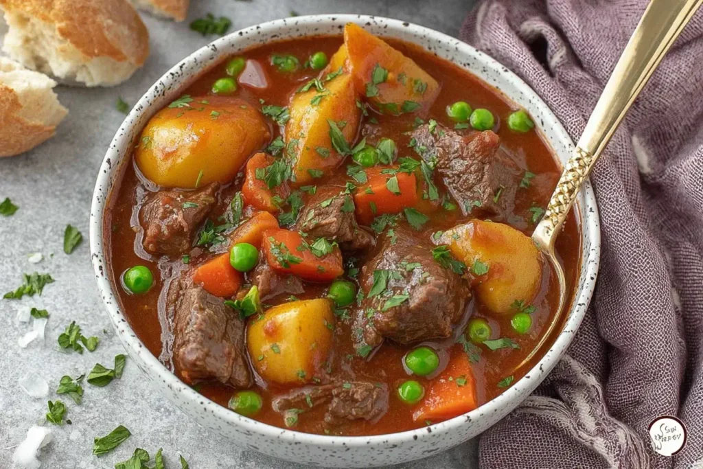 Bowl of slow cooker beef stew with beef chunks, potatoes, carrots, peas, and parsley, served with crusty bread on the side.