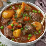Bowl of slow cooker beef stew with beef chunks, potatoes, carrots, peas, and parsley, served with crusty bread on the side.