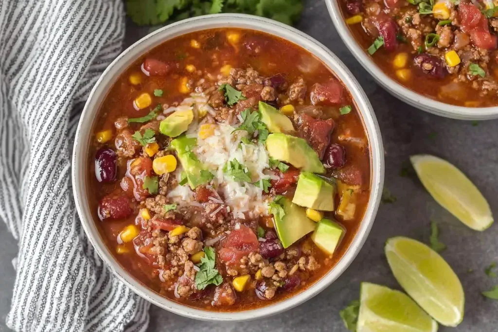 Bowl of slow cooker Taco Soup topped with avocado, shredded cheese, and cilantro, served with lime wedges.