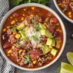 Bowl of slow cooker Taco Soup topped with avocado, shredded cheese, and cilantro, served with lime wedges.