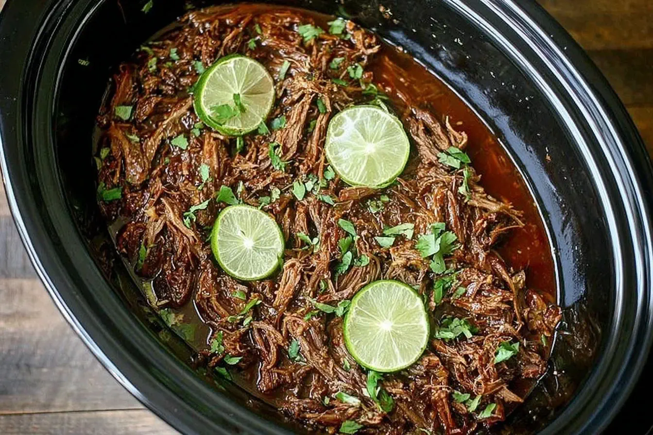Easy Slow Cooker Barbacoa with shredded beef, garnished with lime slices and fresh cilantro in a black slow cooker.
