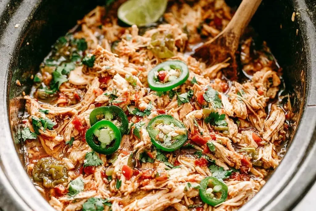 Crockpot Salsa Verde Chicken simmering in a slow cooker with shredded chicken, salsa verde, jalapeños, and cilantro.