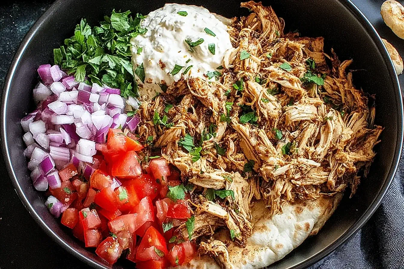 Slow Cooker Chicken Shawarma served with tomatoes, onions, parsley, and creamy yogurt sauce on pita bread.