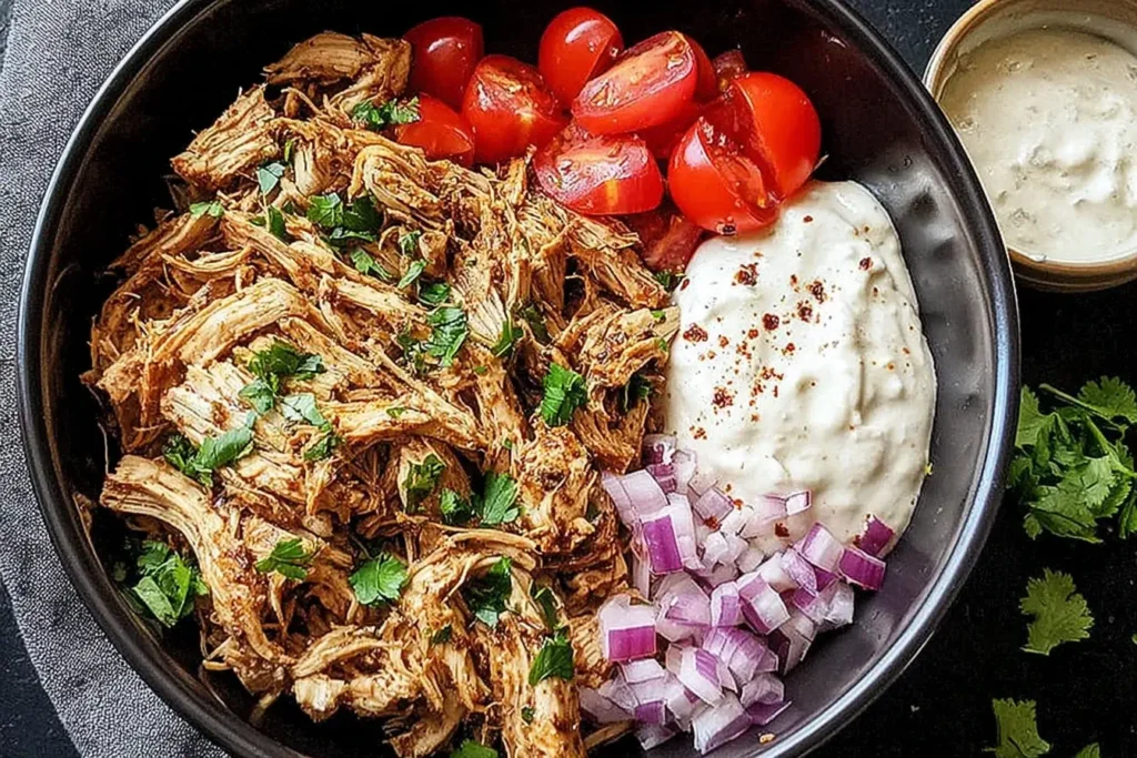 Slow Cooker Chicken Shawarma bowl with cherry tomatoes, red onions, creamy sauce, and fresh herbs.