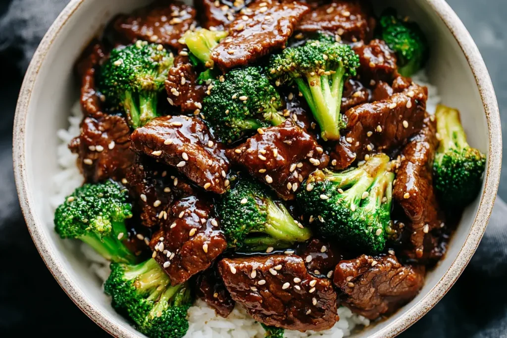 Crockpot Beef and Broccoli served over rice with sesame seeds on top.