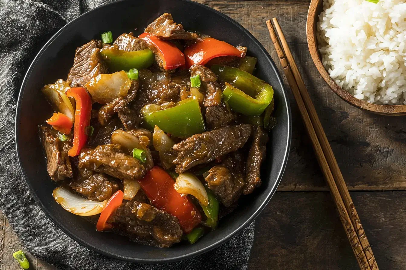 Slow Cooker Pepper Steak served with bell peppers and onions in a savory sauce, paired with white rice.