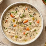 Creamy Crockpot Chicken Wild Rice Soup in a white bowl with carrots, celery, and wild rice, garnished with fresh parsley.