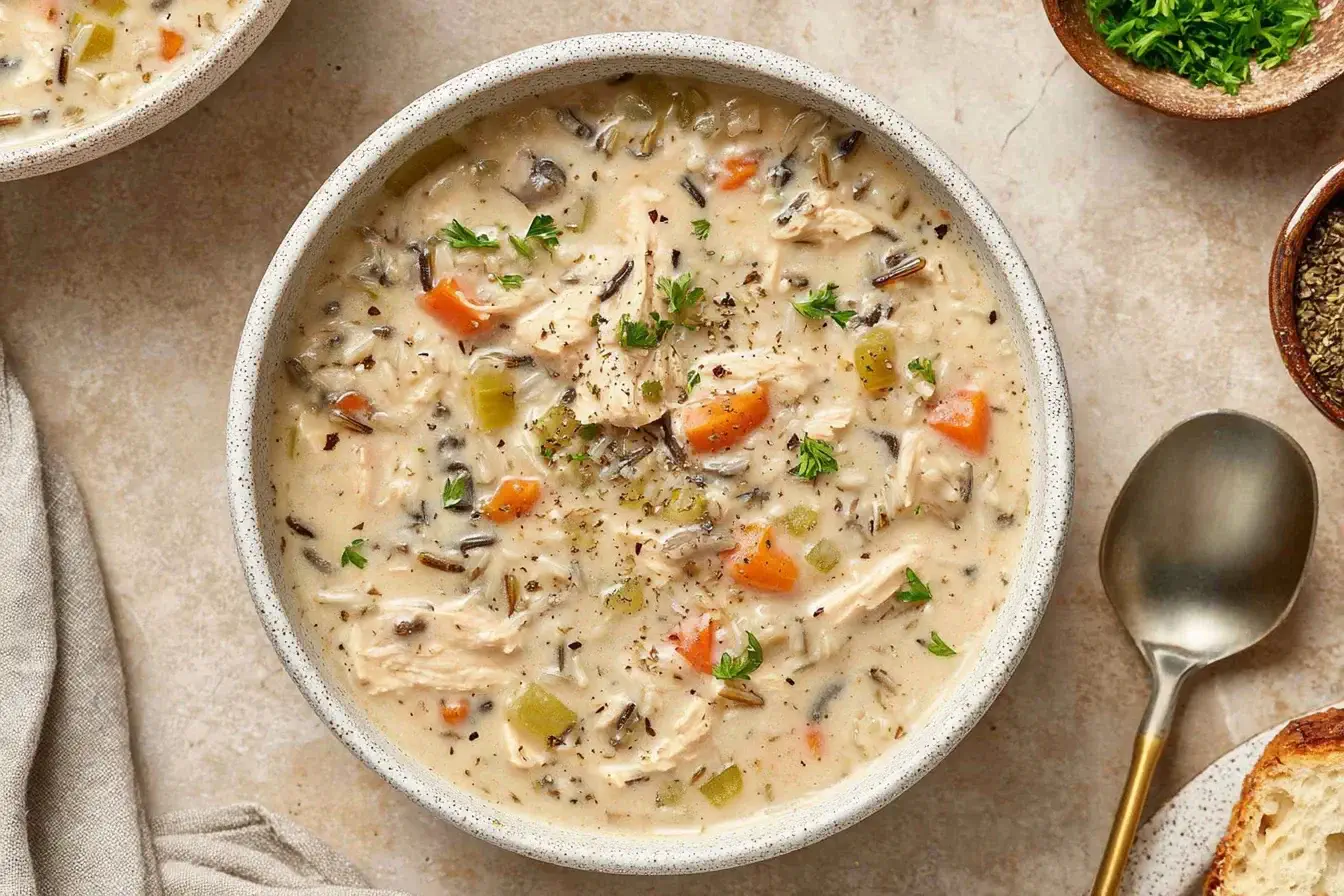 Creamy Crockpot Chicken Wild Rice Soup in a white bowl with carrots, celery, and wild rice, garnished with fresh parsley.