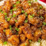 Slow Cooker Orange Chicken served over rice, topped with sesame seeds and green onions