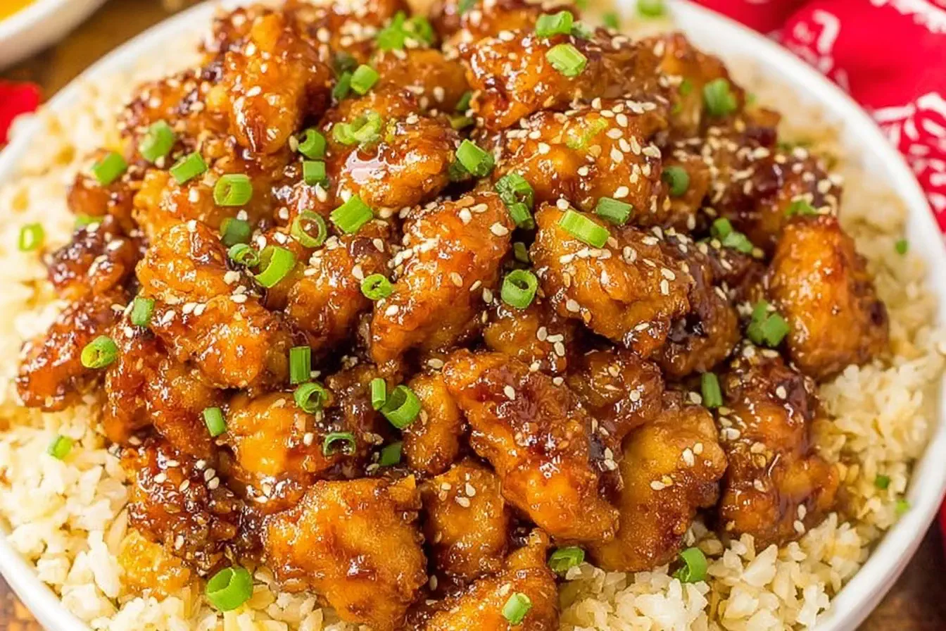 Slow Cooker Orange Chicken served over rice, topped with sesame seeds and green onions